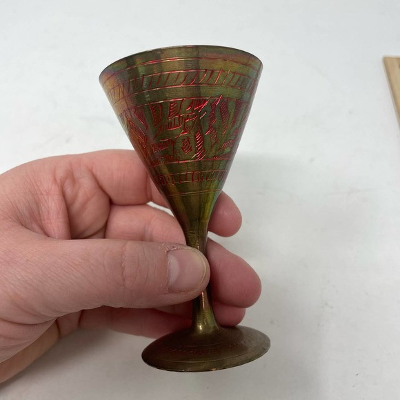 Vintage Brass Hand carved Painted Goblet Cup Gold Red - Picture 5 of 7